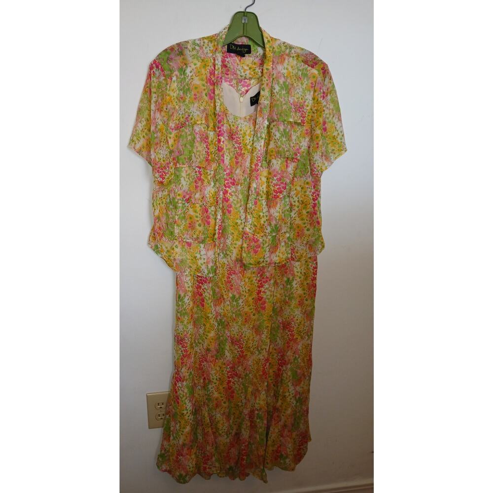 D&N Easter Dress Topper Set Pink Green Yellow Abstract 14 Large 2pc Spring Shift